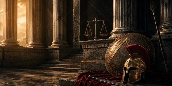 Spartan helmet and shield with scales of justice before ancient columns